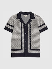 River Island Blue Geo Print Button Through Polo Shirt - Image 1 of 4