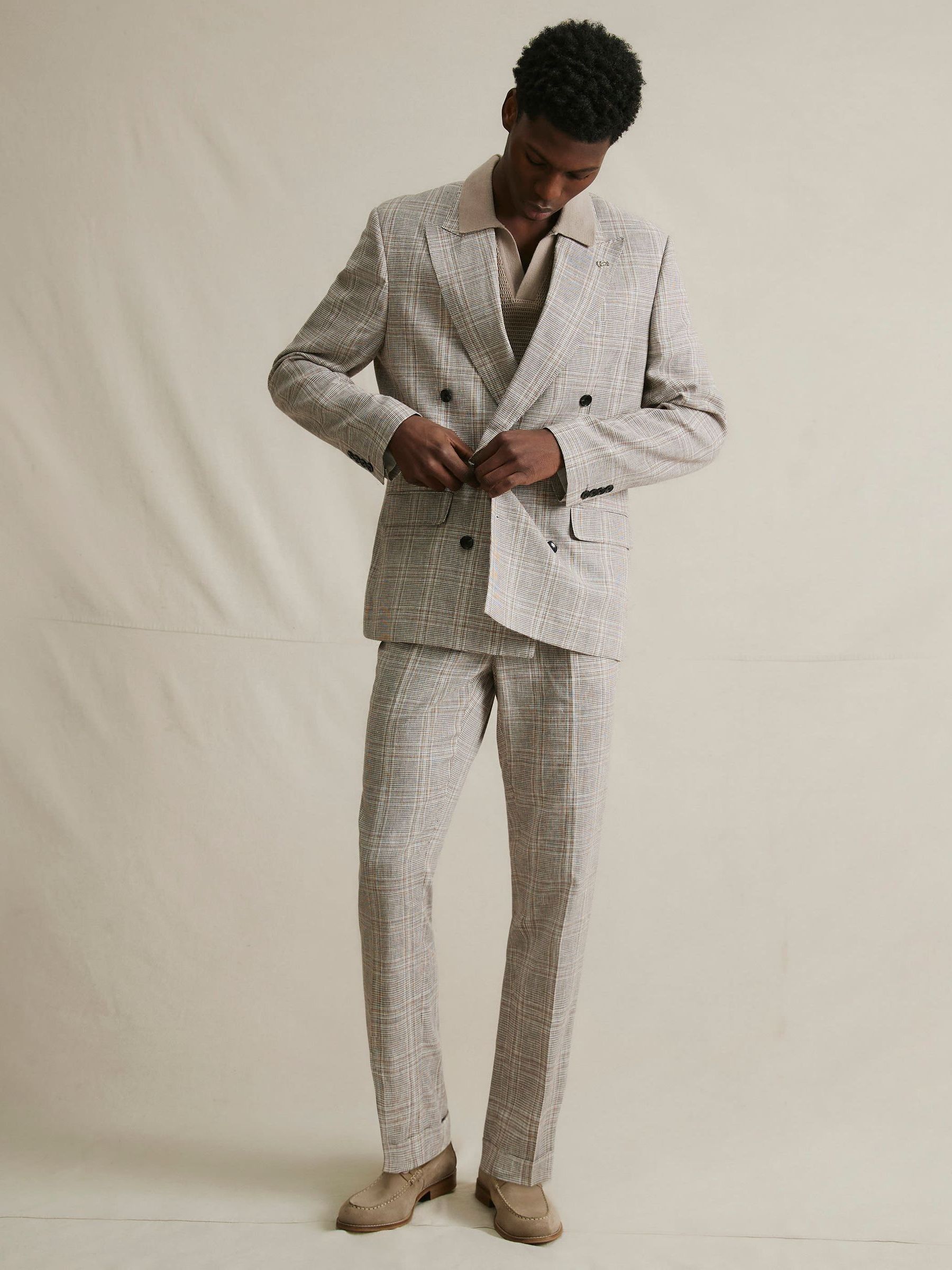 Buy River Island Natural Slim Fit Linen Check Suit Jacket from