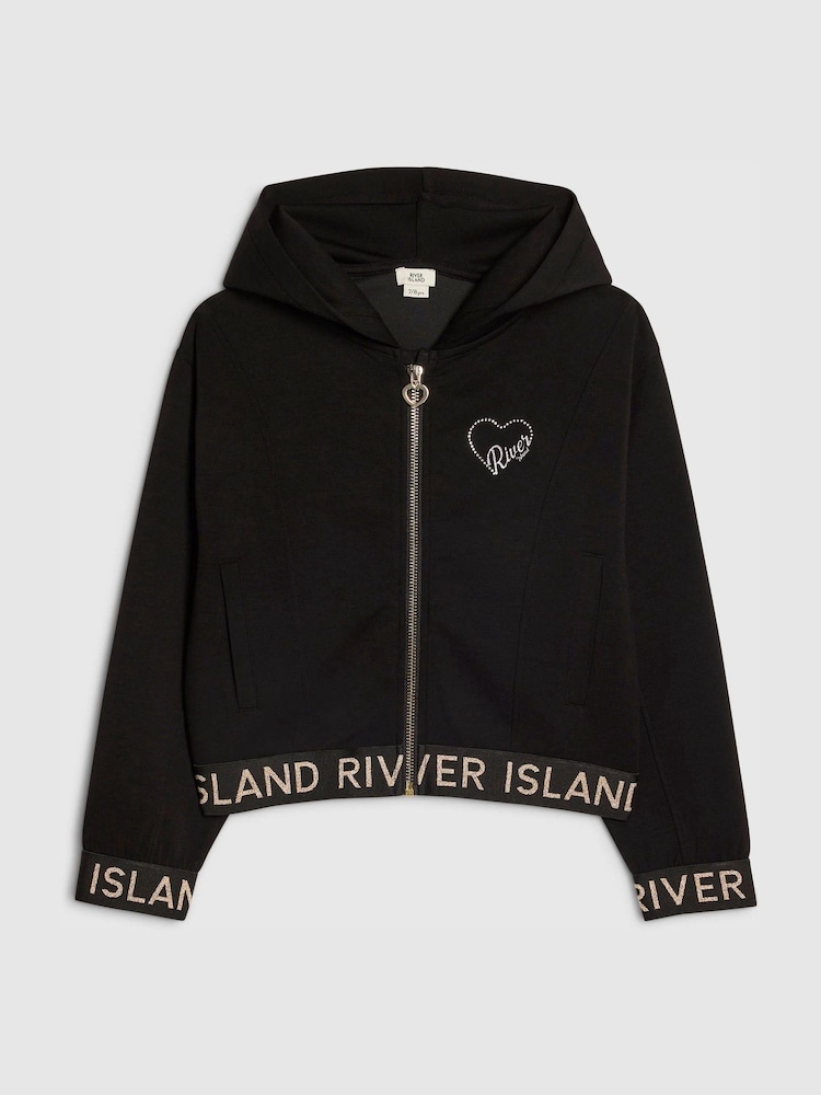أسود - River Island Premium Clean Zip Through Hoodie - Image 1 of 4