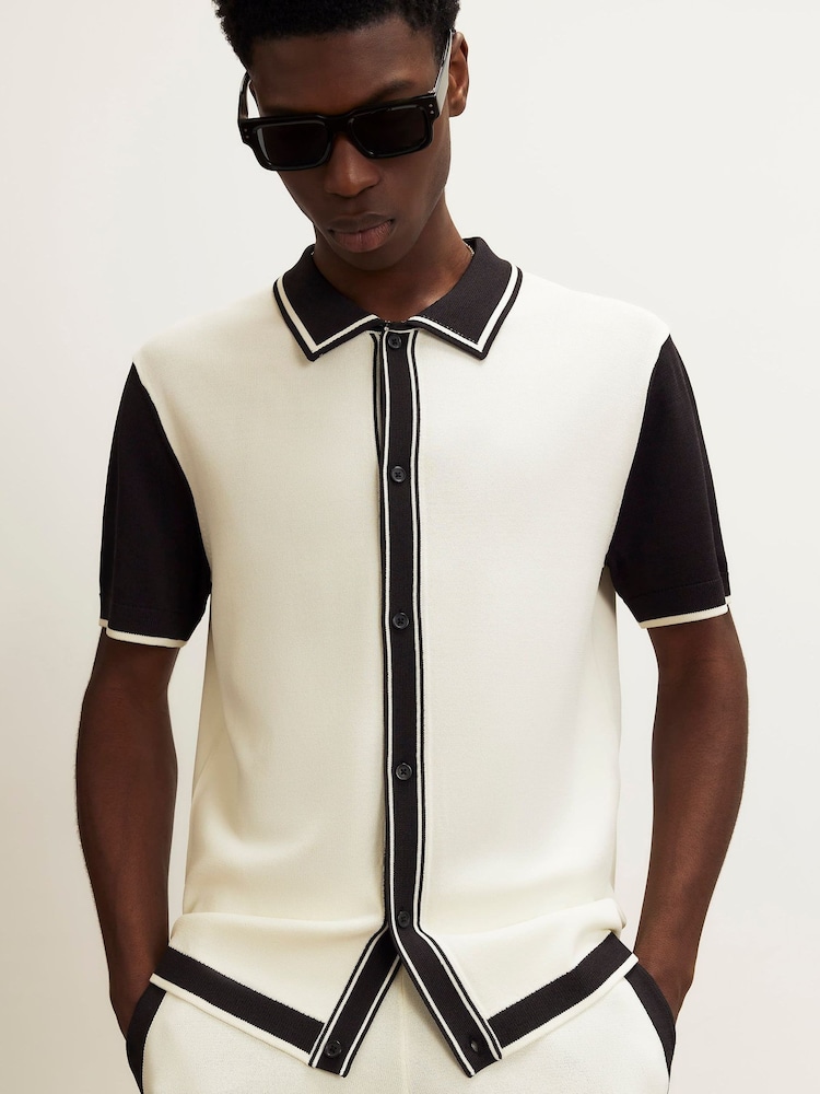 River Island Cream Slim Fit Glossy Knitted Colour Block Shirt - Image 1 of 4