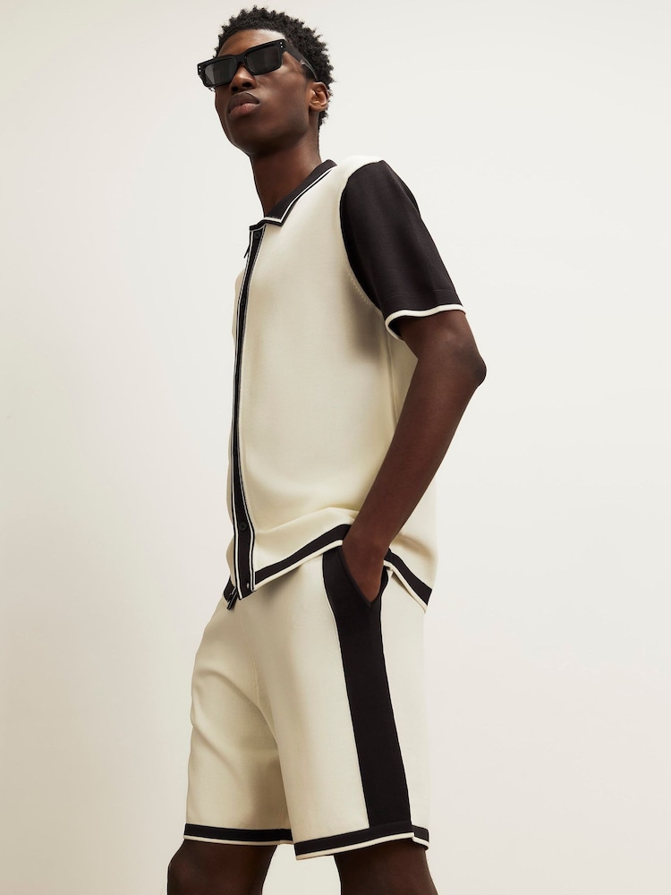 River Island Cream Slim Fit Glossy Knitted Colour Block Shirt - Image 4 of 4