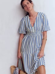 Boden Blue Irene Puff Sleeve Linen Dress - Image 1 of 6