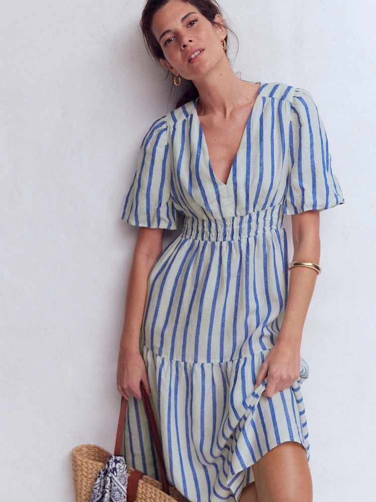 Boden Blue Irene Puff Sleeve Linen Dress - Image 1 of 6 Boden Blue Irene Puff Sleeve Linen Dress - Image 1 of 6