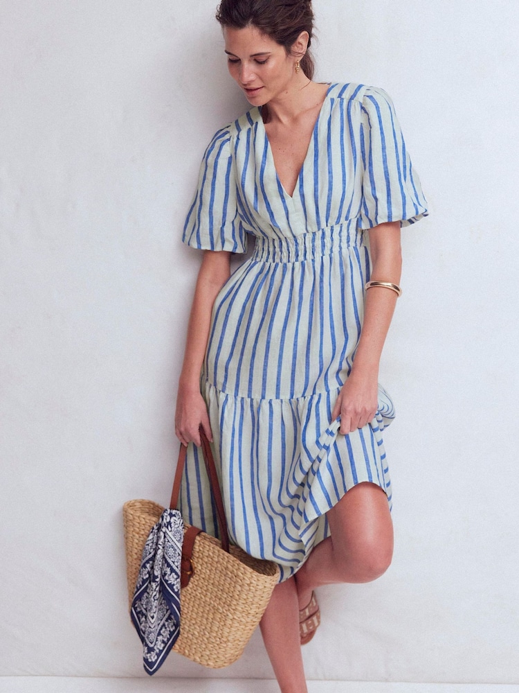 chinese dress ladies Ivy Linen Midi Dress-Olive, Ivory Stripe main image 0