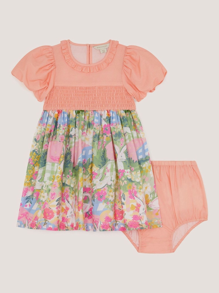 Monsoon Pink Baby Bunny Print Dress & Underwear Set - Image 1 of 3