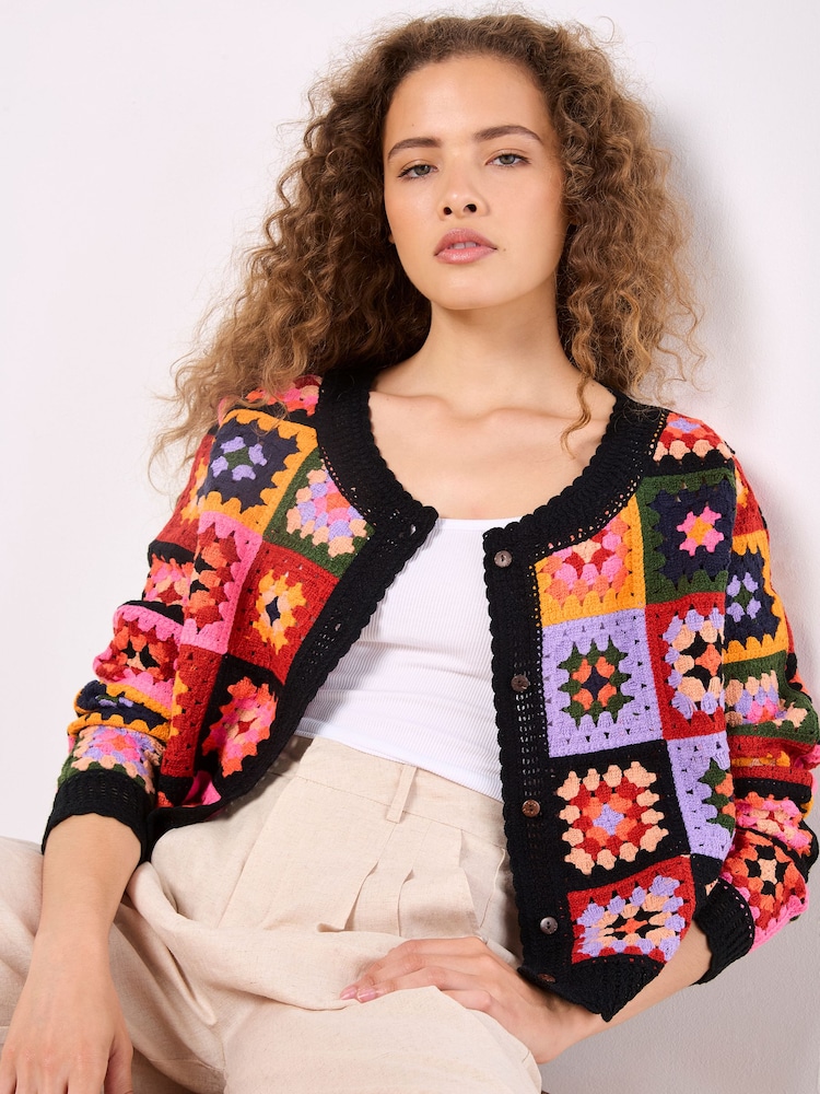 Negru - Cardigan croșetat cu pătrate colorate Apricot - Imaginea 1 din 5