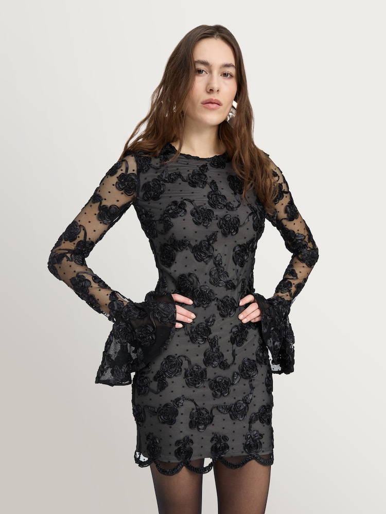 Rotate Black Flower Mesh Mini Dress - Image 1 of 5