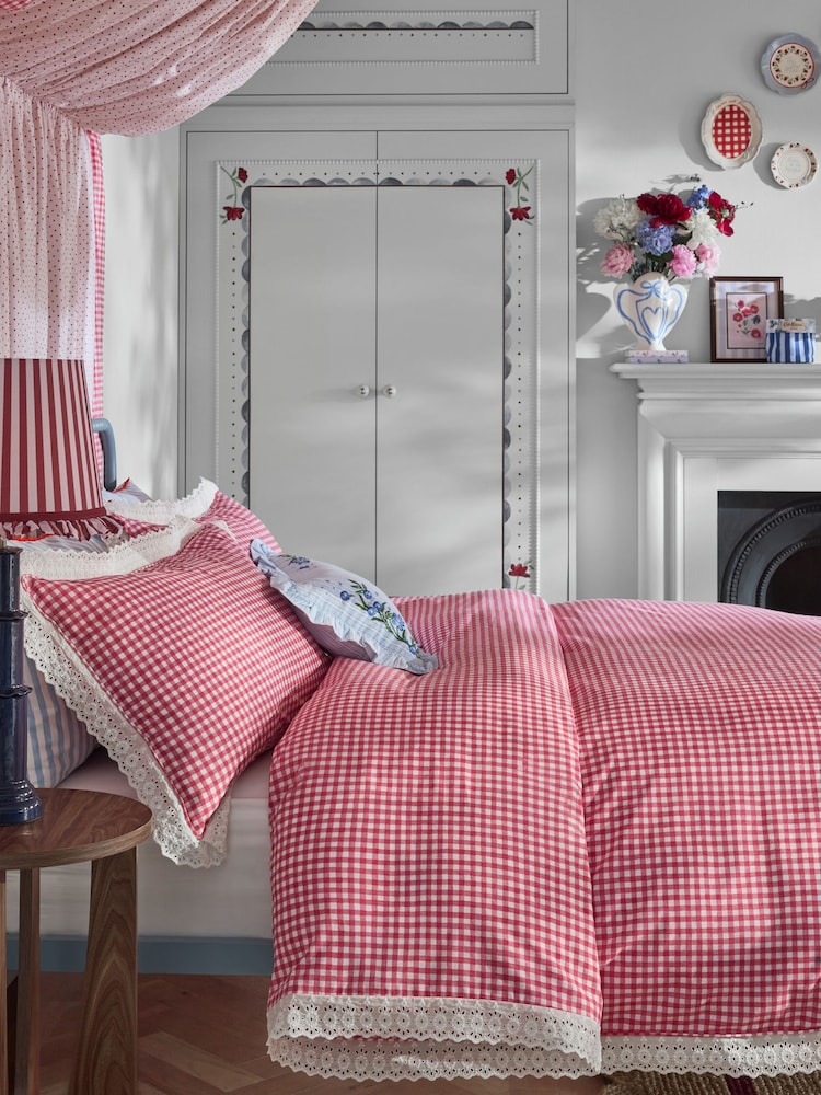 Cath Kidston Red Painted Gingham Broderie Trim 100% Cotton Duvet Cover and Pillowcase Set - Image 1 of 5 Cath Kidston Red Painted Gingham Broderie Trim 100% Cotton Duvet Cover and Pillowcase Set - Image 1 of 5
