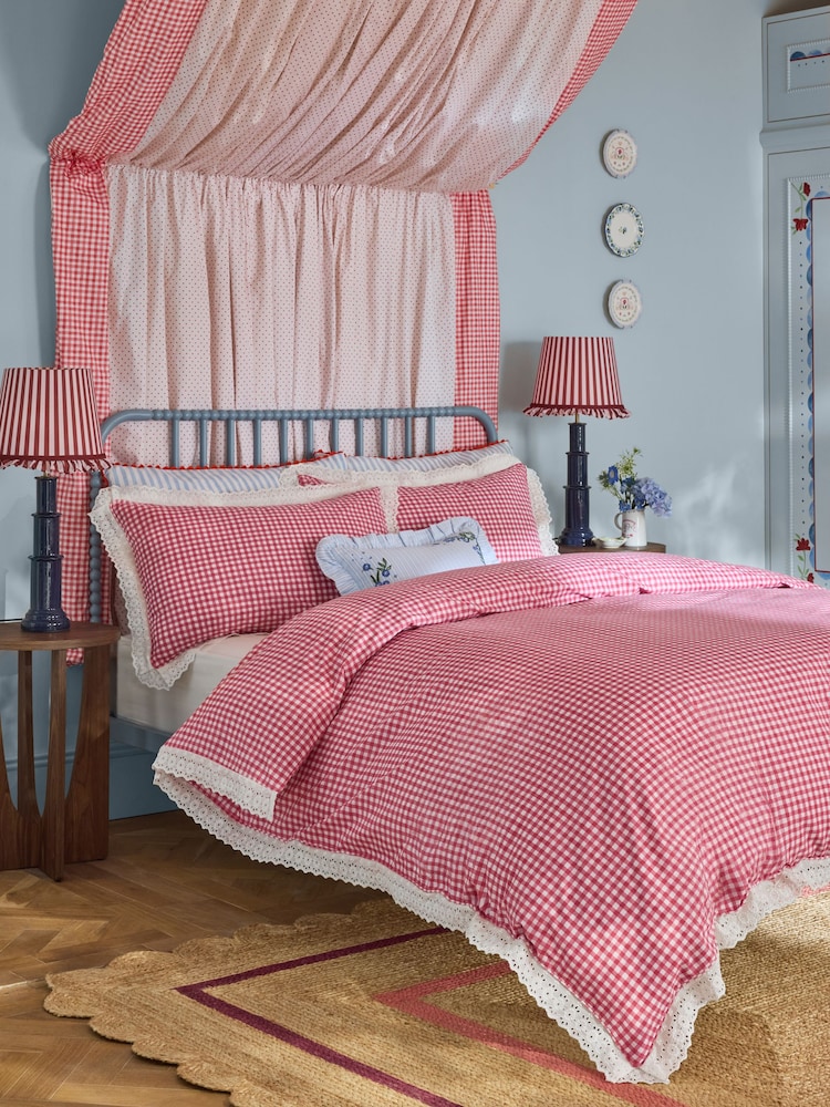 Cath Kidston Red Painted Gingham Broderie Trim 100% Cotton Duvet Cover and Pillowcase Set - Image 2 of 5 Cath Kidston Red Painted Gingham Broderie Trim 100% Cotton Duvet Cover and Pillowcase Set - Image 2 of 5