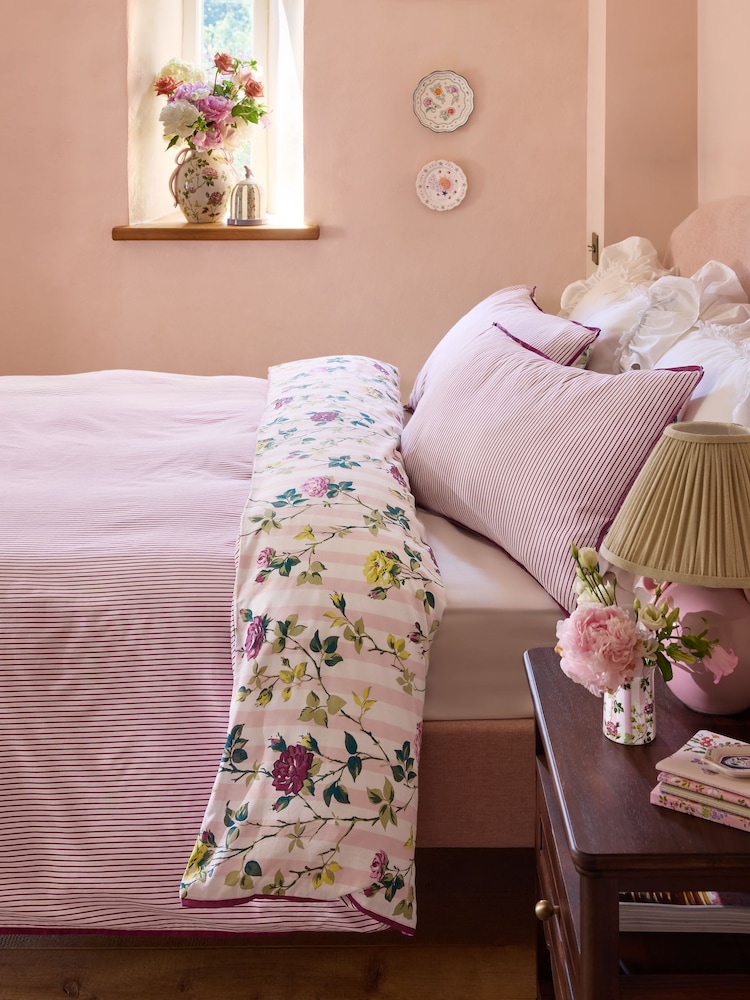 Cath Kidston Pink Climbing Rose Stripe 100% Cotton Duvet Cover and Pillowcase Set - Image 2 of 7 Cath Kidston Pink Climbing Rose Stripe 100% Cotton Duvet Cover and Pillowcase Set - Image 2 of 7