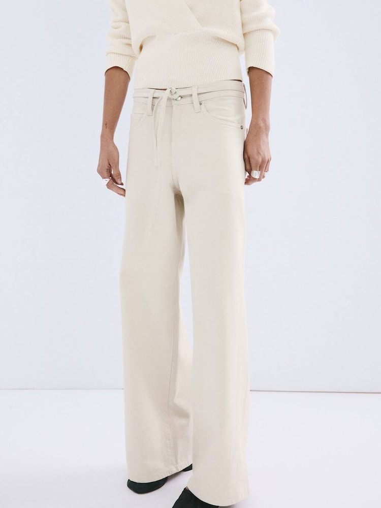Mango Cream Tie Waist Wide Leg Jeans - Image 1 of 5