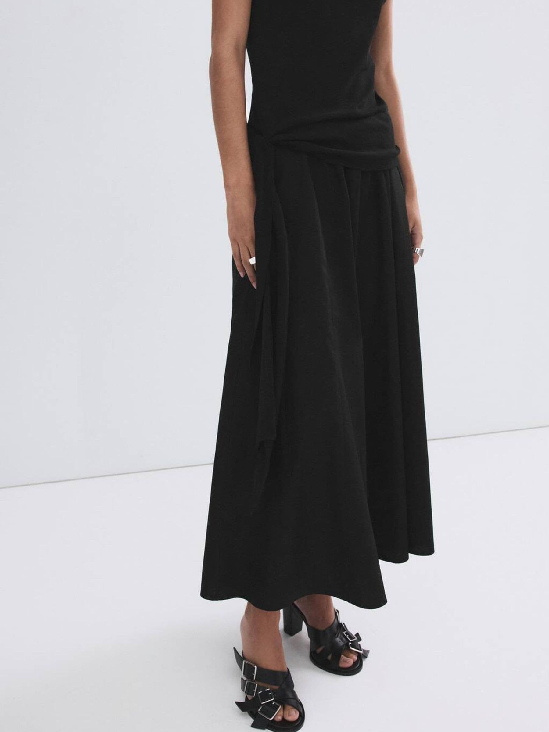 Mango Women's Black Scarf Wrap Detail Midi Skirt