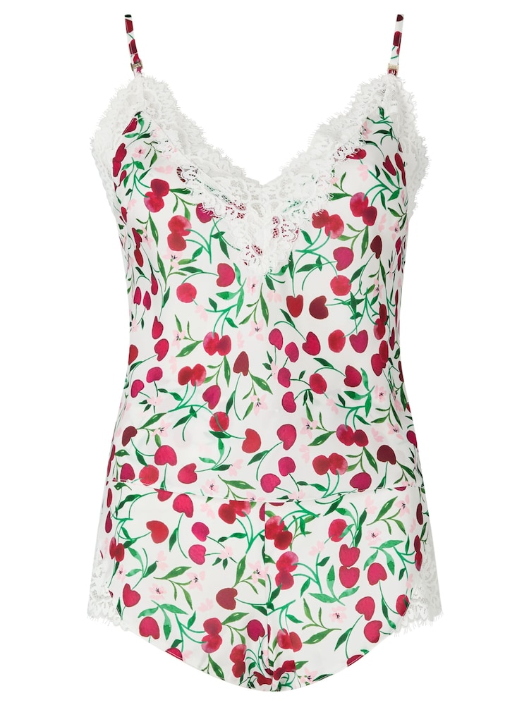 KBX Renee Satin & Lace Cami Cherry Print Pyjamas Set - صورة 6 من 6