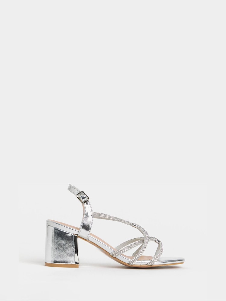 JD Williams Silver Diamante Strappy Low Block Sandals - Image 2 of 4