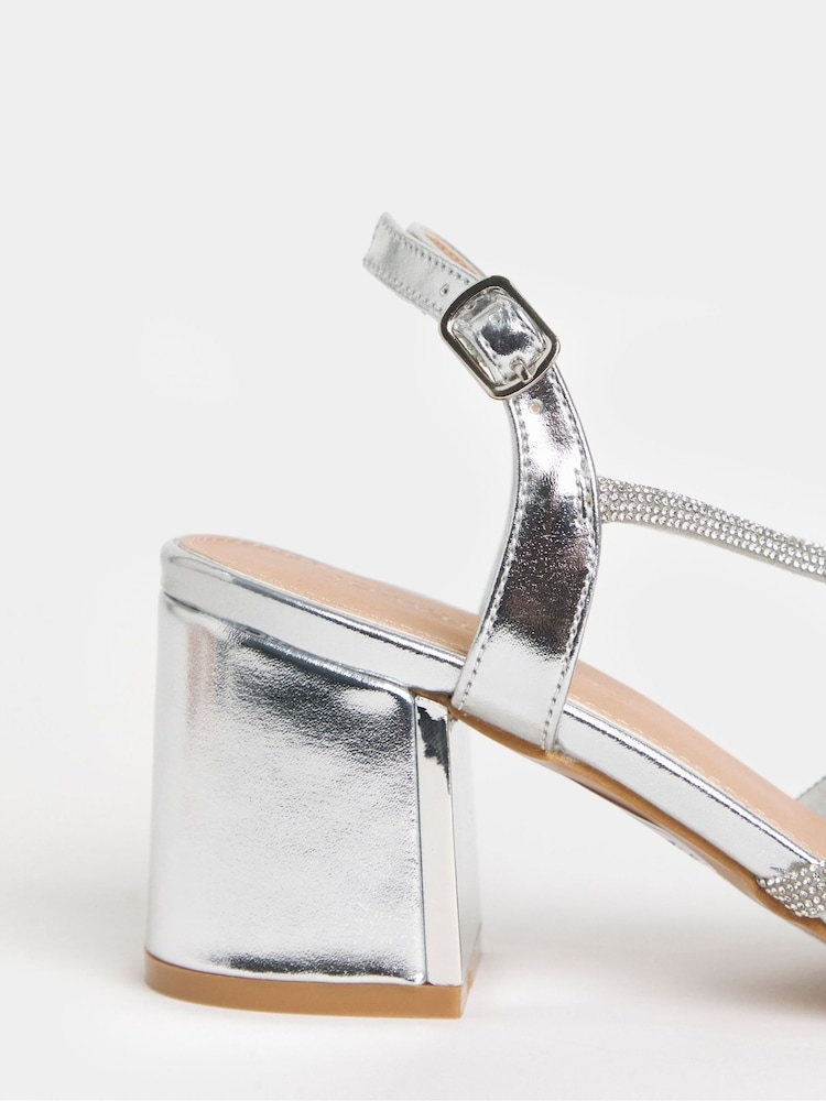 JD Williams Silver Diamante Strappy Low Block Sandals - Image 4 of 4