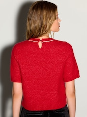 Red Embellished Crew Neck Short Sleeve Jumper with Wool - Image 4 of 8