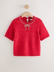 Red Embellished Crew Neck Short Sleeve Jumper with Wool - Image 6 of 8