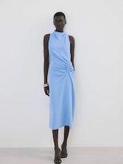 Mango Blue High Neck Ruched Detail Midi Dress - Image 1 of 6