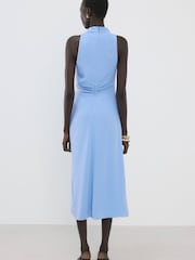Mango Blue High Neck Ruched Detail Midi Dress - Image 2 of 6