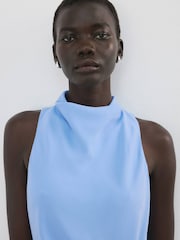 Mango Blue High Neck Ruched Detail Midi Dress - Image 3 of 6