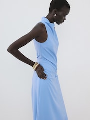 Mango Blue High Neck Ruched Detail Midi Dress - Image 4 of 6