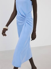 Mango Blue High Neck Ruched Detail Midi Dress - Image 5 of 6