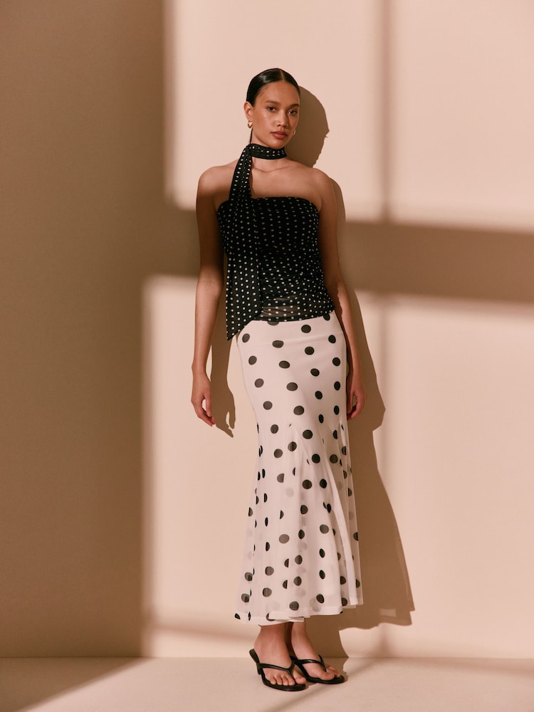 Black/Ecru Polka Dot Mesh Maxi Skirt - Image 1 of 8