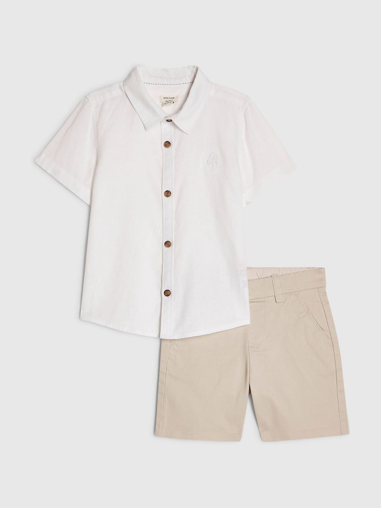 River Island White Short Sleeve Smart Shirt & Chino Shorts Set - Image 1 of 5 River Island White Short Sleeve Smart Shirt & Chino Shorts Set - Image 1 of 5