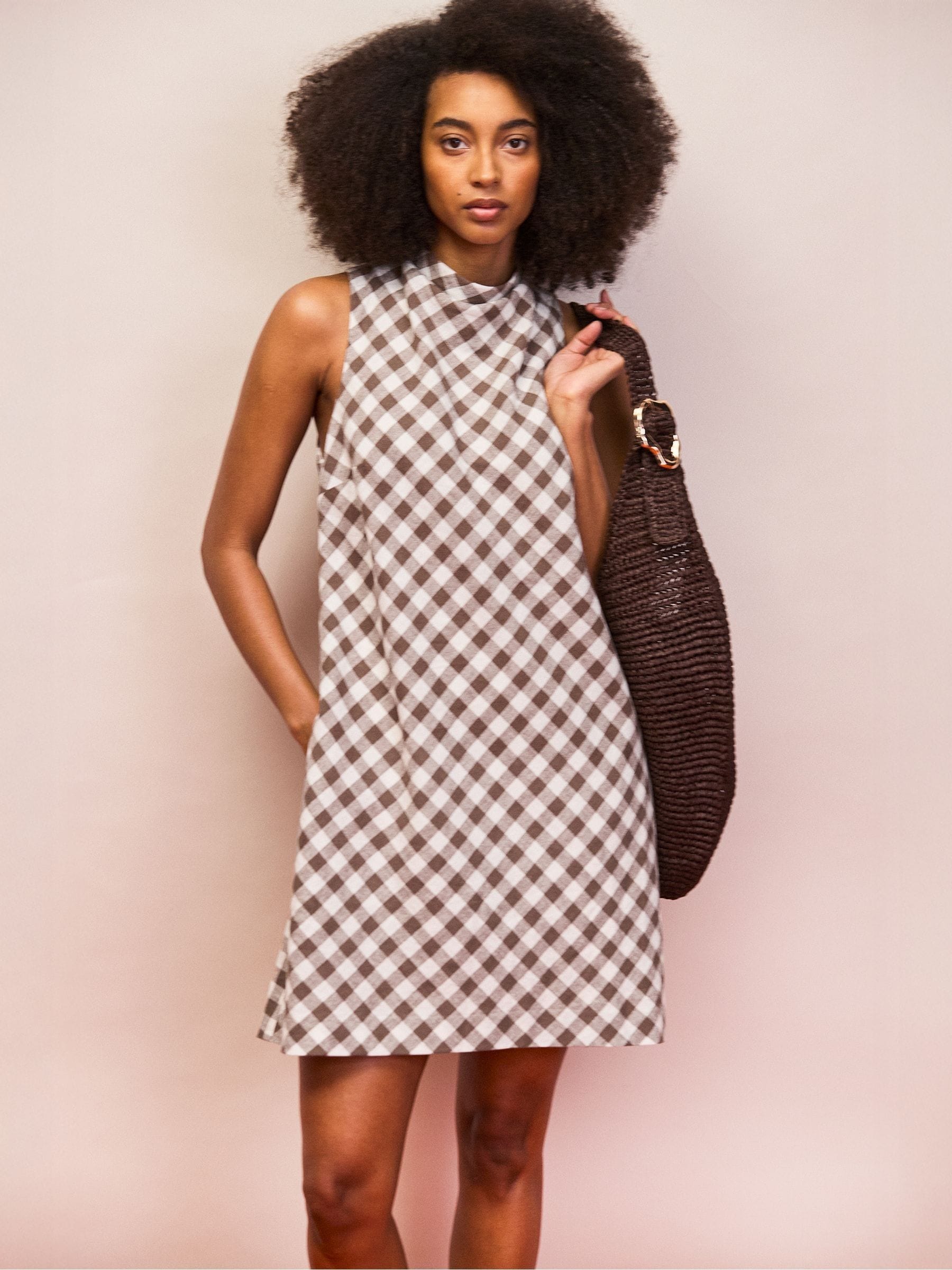 Buy Ro&Zo Brown Gingham Linen Blend Cowl Neck Dress from Next Romania