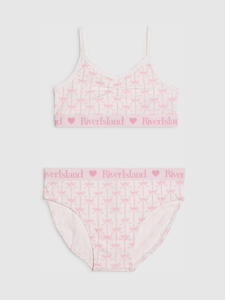 River Island White Bow Print Crop Top & Briefs Set - Image 1 of 4
