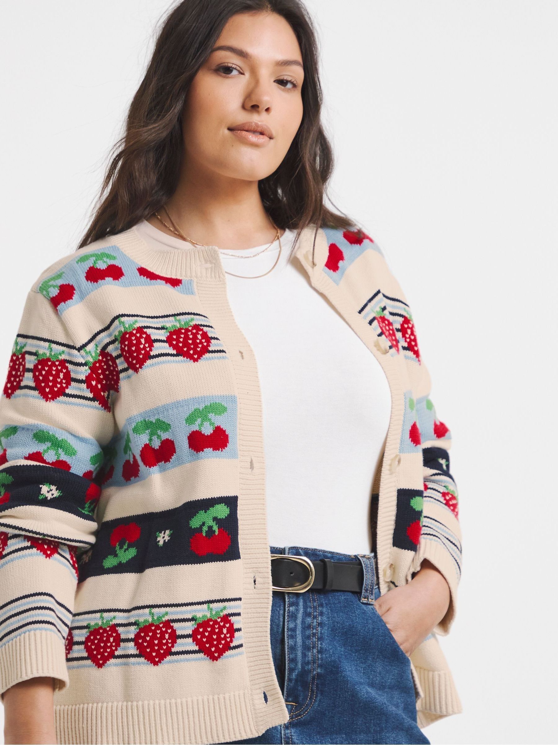 Buy Simply Be White Cherry Strawberry Fair Isle Cardigan from the