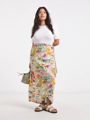 Simply Be Natural Postcard Print Frayed Edge Linen Wrap Skirt - Image 1 of 4