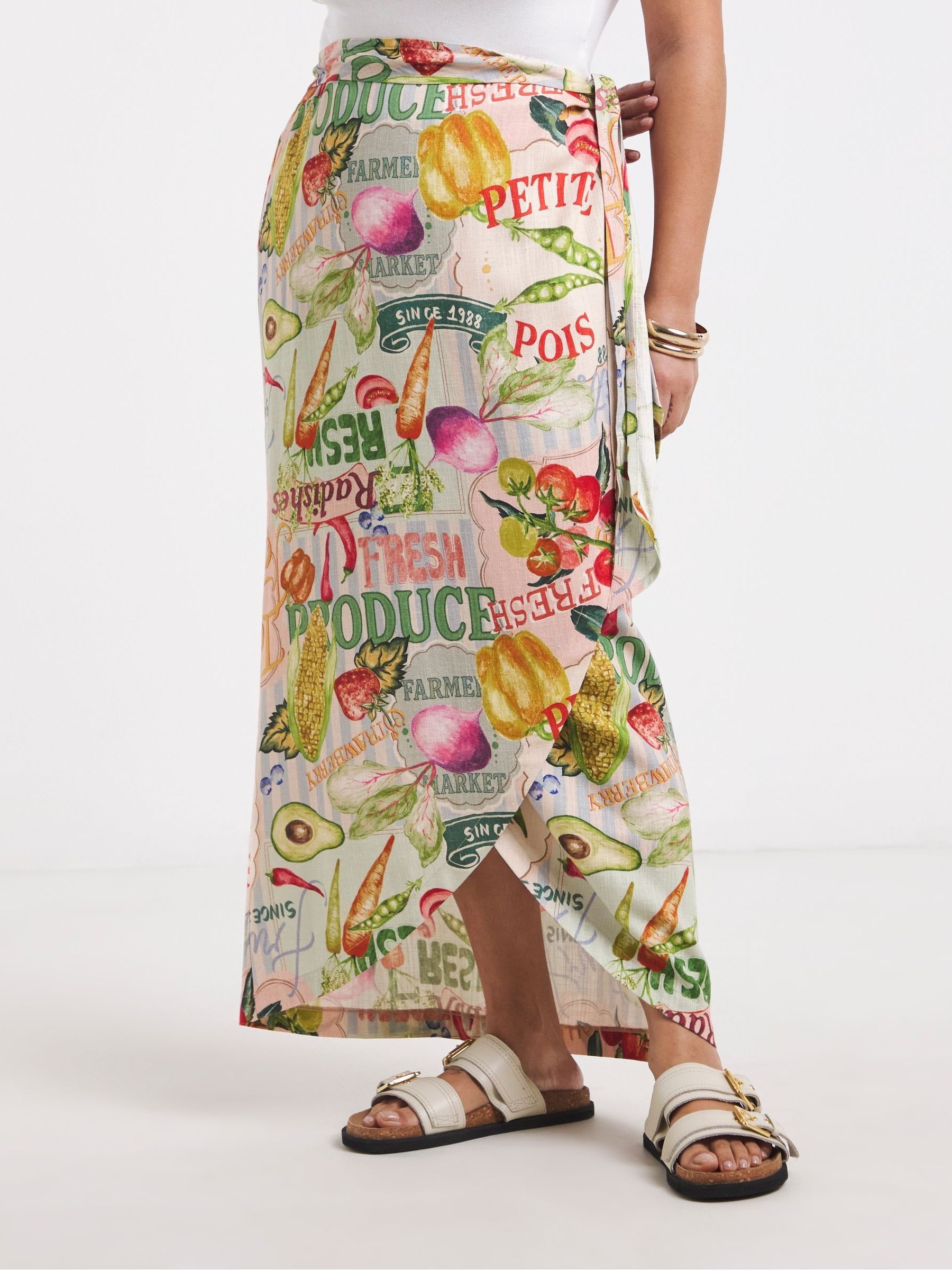 Buy Simply Be Natural Postcard Print Frayed Edge Linen Wrap Skirt