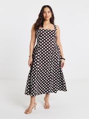 Simply Be Brown Spot Printed Cotton Waist Detail Dress - Image 1 of 4