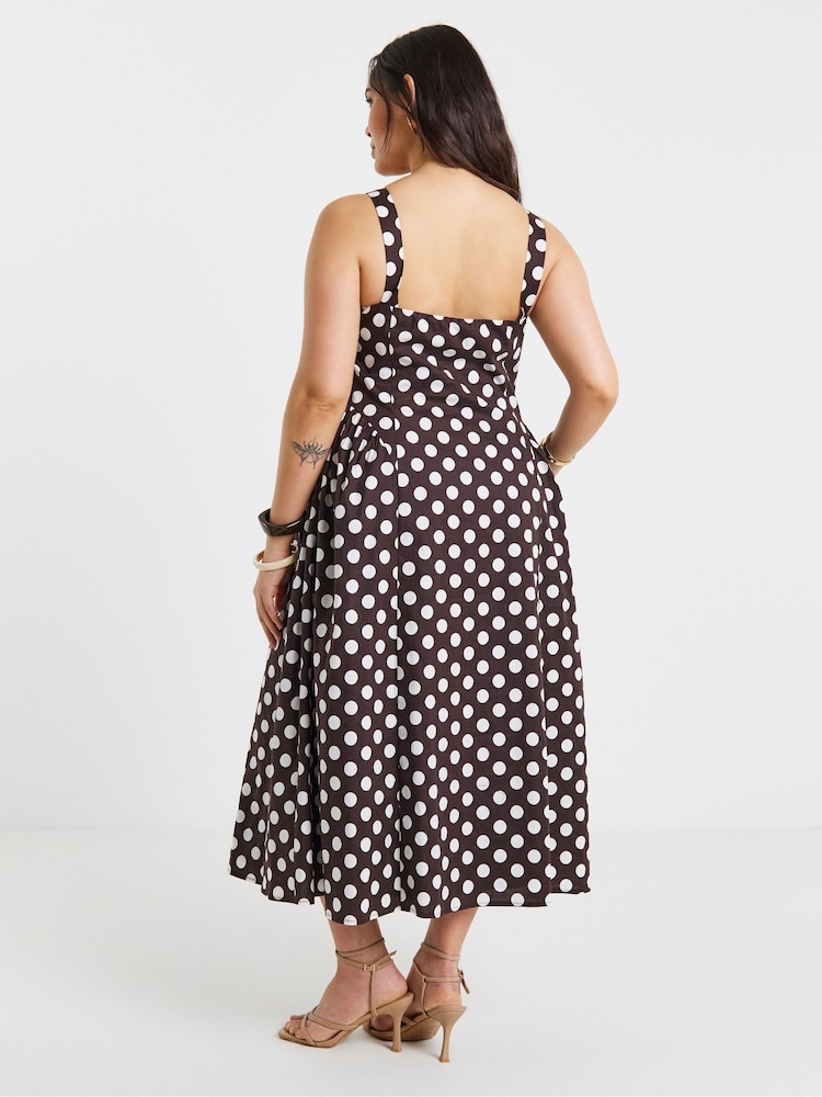 Simply Be Brown Spot Printed Cotton Waist Detail Dress - Image 2 of 4