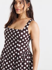 Simply Be Brown Spot Printed Cotton Waist Detail Dress - Image 3 of 4