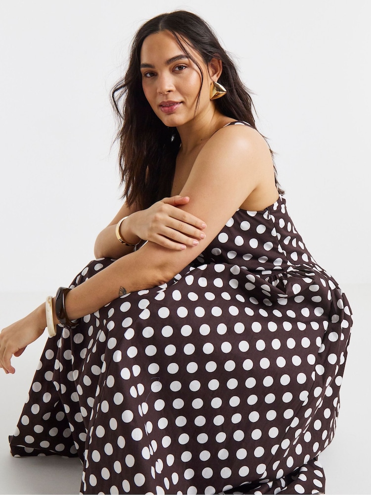Simply Be Brown Spot Printed Cotton Waist Detail Dress - Image 4 of 4