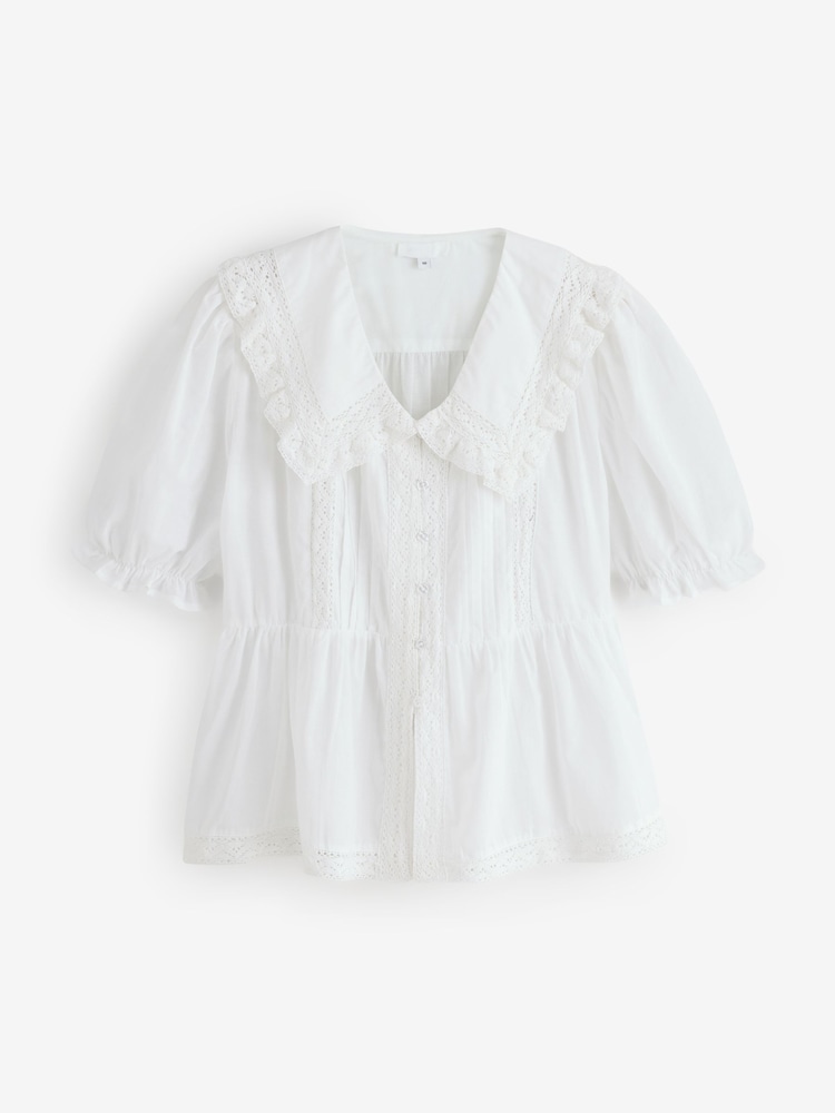Simply Be White V-Neck Prarie Collar Blouse - Image 1 of 1 Simply Be White V-Neck Prarie Collar Blouse - Image 1 of 1