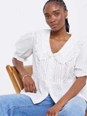 Simply Be White V-Neck Prarie Collar Blouse - Image 3 of 5