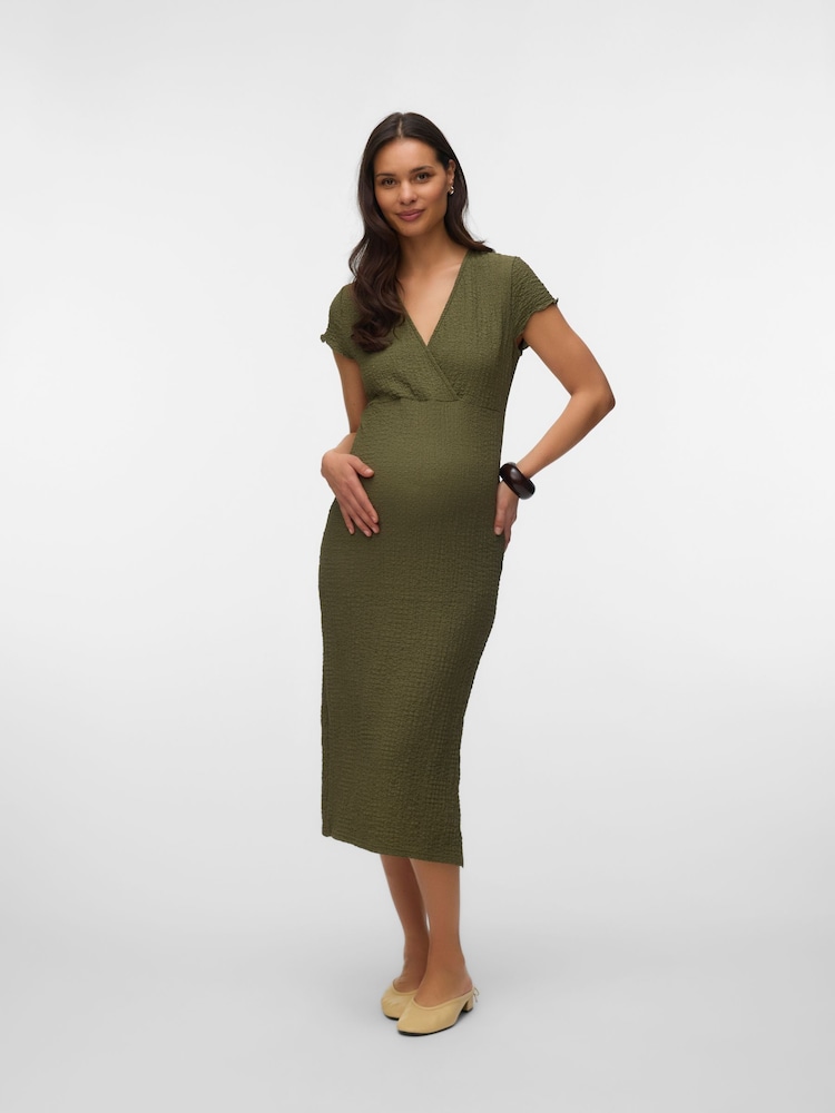 midi green maternity dress Green Pleated Lace Hem Maternity Midi Dress