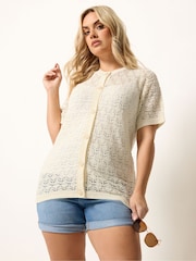 Yours Curve Cream Button Through Short Sleeve Top - Image 1 of 5