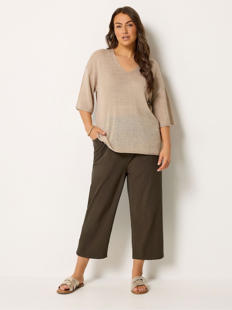 Yours Curve Brown Cool Cotton Cropped Trousers - Image 1 of 5