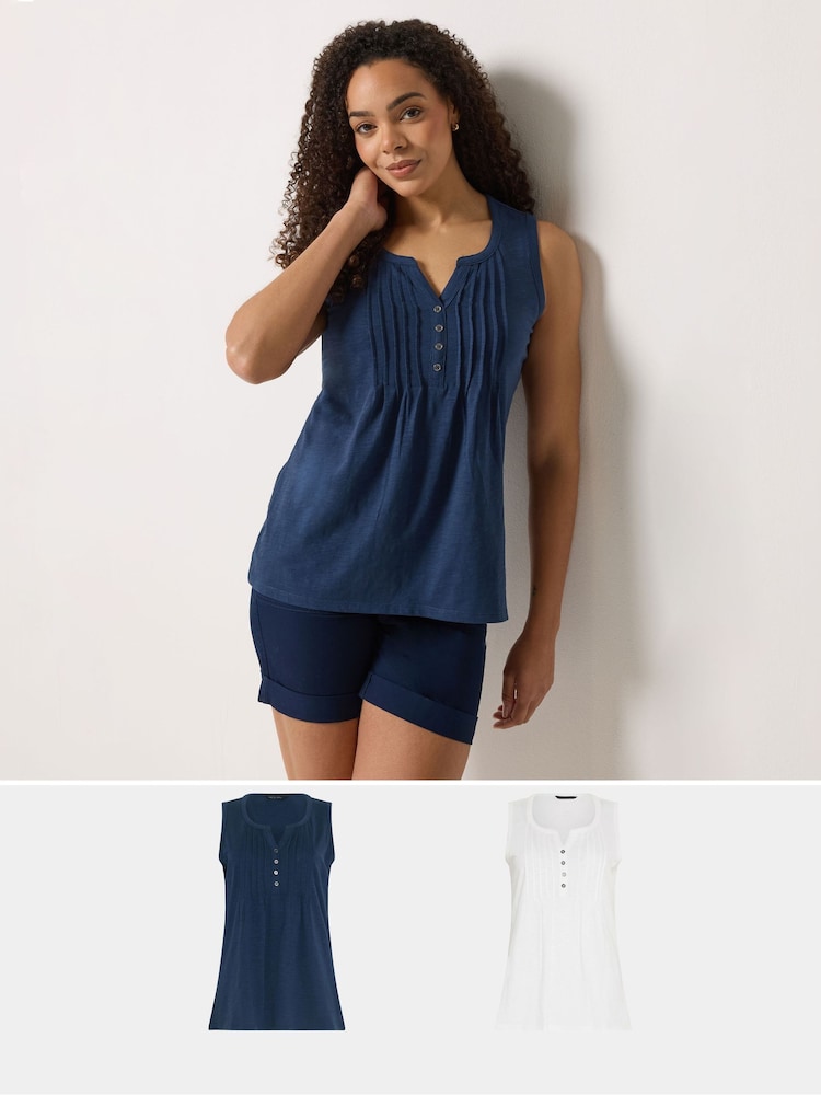 M&Co Navy Cotton Sleeveless Henley Tops 2 Pack - Image 1 of 8