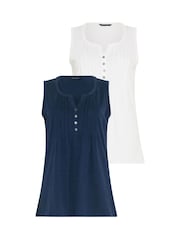 M&Co Navy Cotton Sleeveless Henley Tops 2 Pack - Image 6 of 8