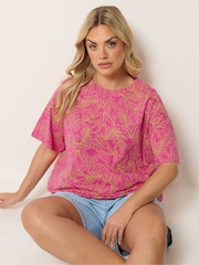 Yours Curve Pink Green All OverStep Hem Boxy T-Shirt - Image 1 of 5