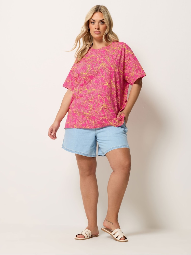 Yours Curve Pink Green All OverStep Hem Boxy T-Shirt - Image 2 of 5 Yours Curve Pink Green All OverStep Hem Boxy T-Shirt - Image 2 of 5