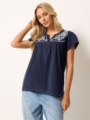 M&Co Blue Embroidered Frill Sleeve Top - Image 1 of 5