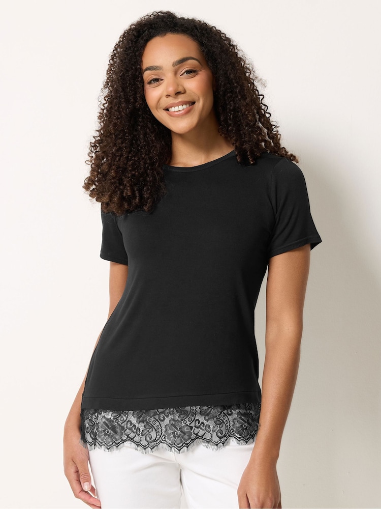 M&Co Black Lace Hem T-Shirt - Image 1 of 5