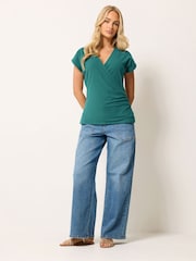 M&Co Green Grown On Sleeve Wrap Top - Image 2 of 5