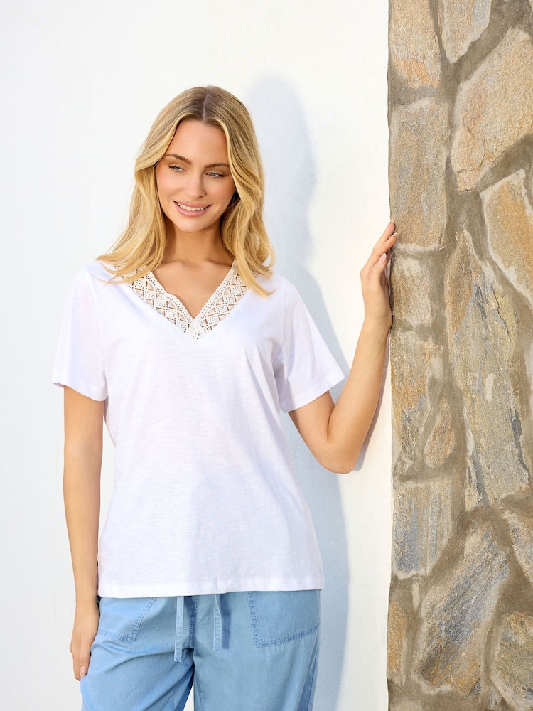 M&Co White Lace Trim V-Neck T-Shirt - Image 1 of 2